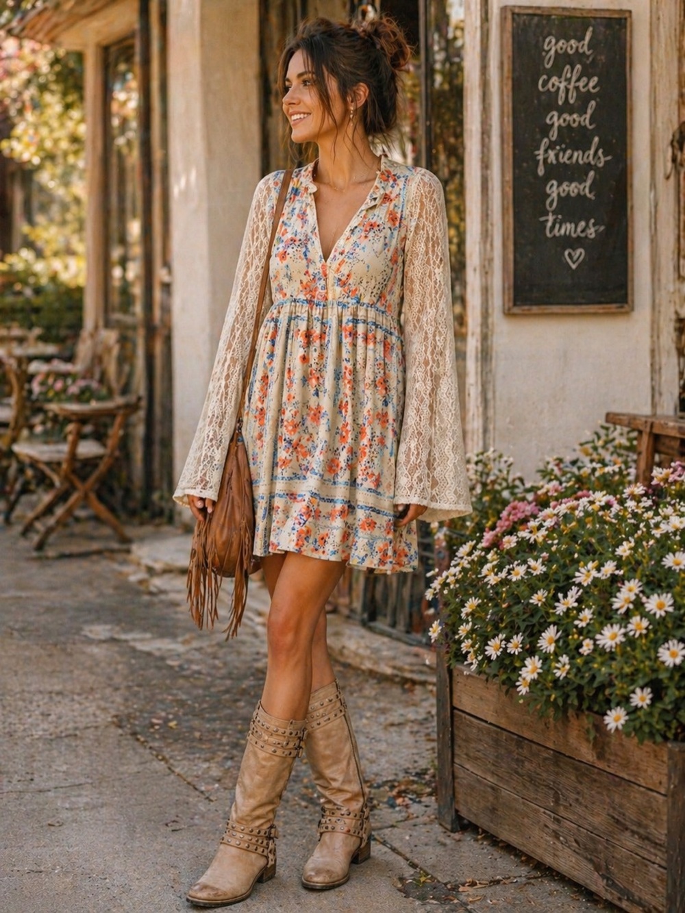Kori America Boho Floral Babydoll Dress | Lace Sleeves | Size S